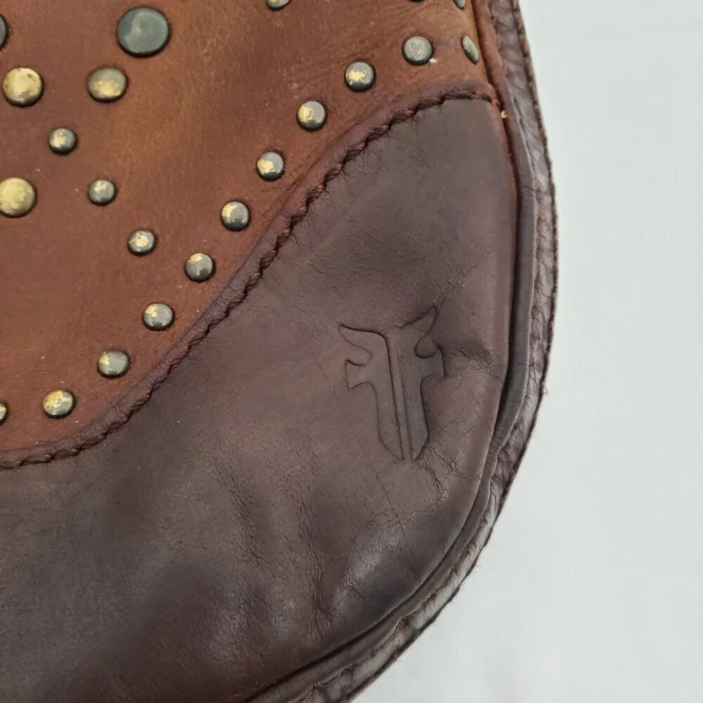 👜 FRYE Vintage Brown Leather Studded Hobo Shoulder Bag Boho